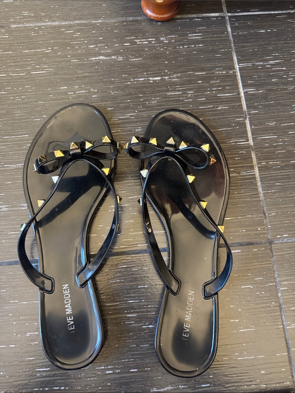Steve Madden Black Patent Jelly Sandals with Gold Studs